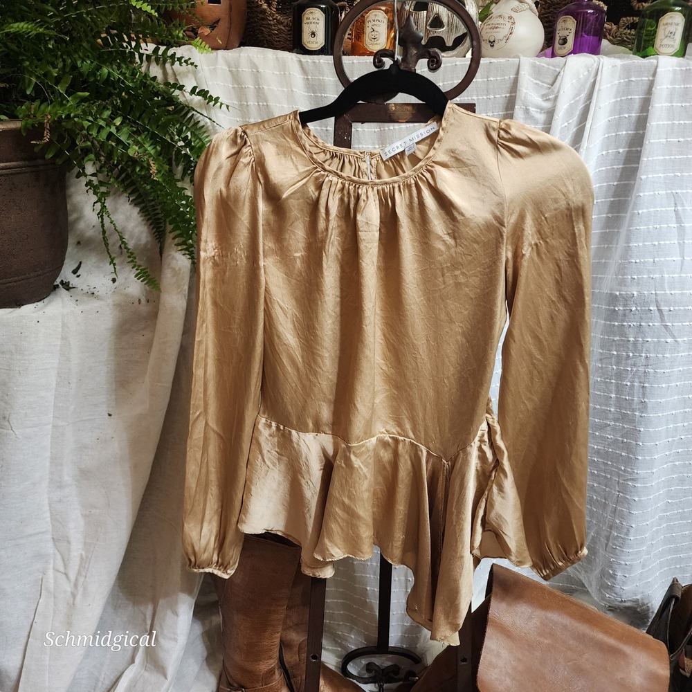 Secret Mission Gold 100% Silk Peplum Blouse Long Sleeve Side Tie Top XS